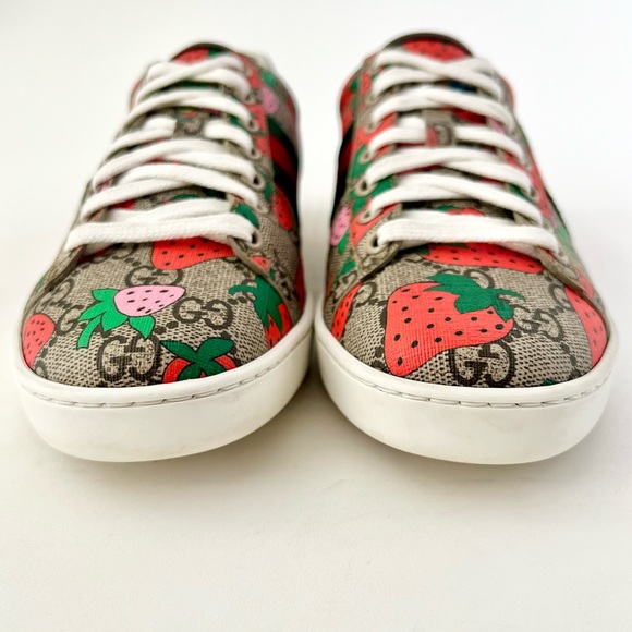 GUCCI || Ace Strawberry GG Supreme Monogram Web Striped Sneakers US 8 EU 38 - Picture 5 of 16